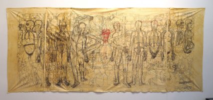 “Das letzte Abendmahl”, Siebdruck in Farbe nach einer Zeichnung von 1976–1979, auf Originalrelikt (Stempel), handsigniert, datiert hermann nitsch 1983, Auflage 80, ca. 162 x 390 cm