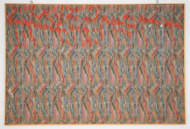 Dieter Roth, Wenn auf dem Bettbezug von Wörtern Zeichen gemalt erscheinen…, for Galerie Kurt Kalb, Baumwollbettbezug, Farbe, 136,5 x 202 cm.