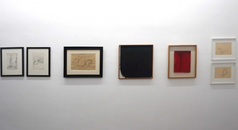 Ausstellungseinblick "Referenzen", Konzett Gallery, 2018, mit Werken von Günter Brus, Egon Schiele, Arnulf Rainer und Hermann Nitsch.
