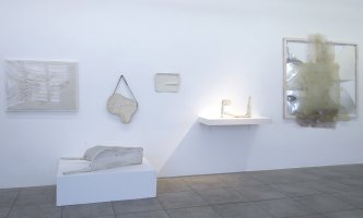 Exhibition view, main room, with works by Franz West and Rudolf Polanszky, Konzett Gallery, 2017